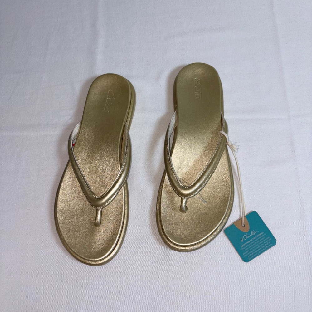 OluKai Tiare Sandal 10 Gold NEW Metallic Leather Thong Flip Flop 20513-FAFA